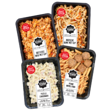 Noordertrots nasi of bami rijkgevuld
schaal à 800 gram,
penne Napolitano of fusilli carbonara
schaal à 900 gram
